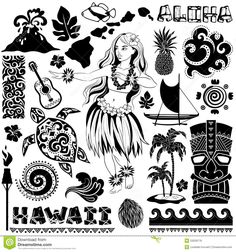 black and white illustration of hawaiian art with various items in the style of tiki