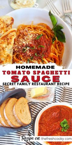 homemade tomato sauce recipe with pasta and bread on the side, in a white bowl