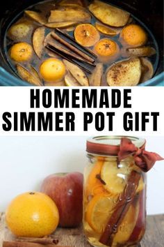 homemade summer pot gift in a jar with cinnamon sticks, apples and oranges next to it