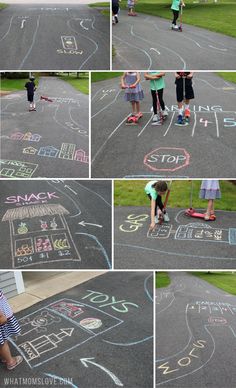 several pictures of children playing with chalk on the pavement