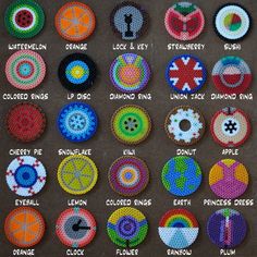 an assortment of crocheted badges with different colors and designs on them, all in the same pattern