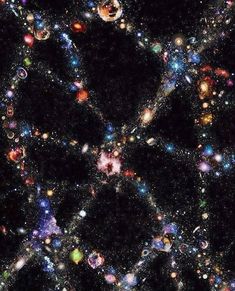 an abstract pattern made up of many different objects in the dark night sky with stars and bubbles