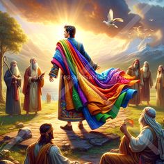 a painting of jesus walking with his people in the field and birds flying around him