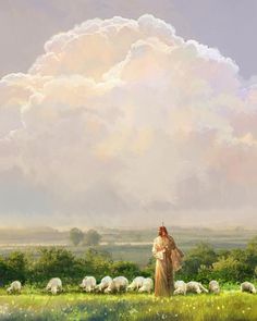 a painting of a woman in a field with sheep