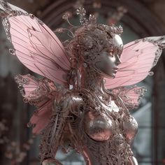 a pink and silver statue with wings on it