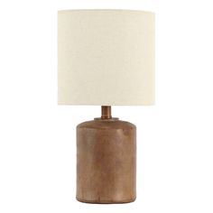 a wooden table lamp with a white shade on it's base and a beige linen lampshade