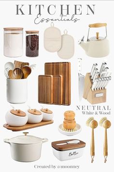 the kitchen essentials are arranged on top of each other with wooden utensils