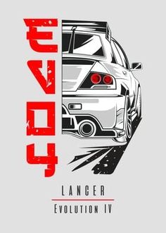 the back end of a white car on a gray background with red lettering that says lander evolution iv