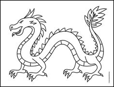 a black and white drawing of a dragon