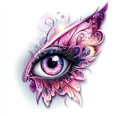 an eye with pink and purple feathers on the iris's eyes, as well as swirls