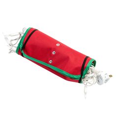 a red and green bag with white cords attached to the side on a white background