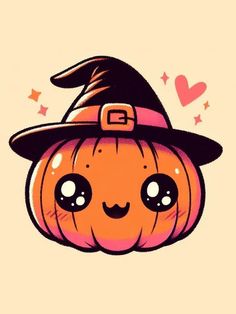 a cartoon pumpkin with a witch hat on it's head and hearts flying around