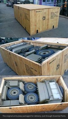 an open wooden box with wheels and tires in it's side by side on the ground