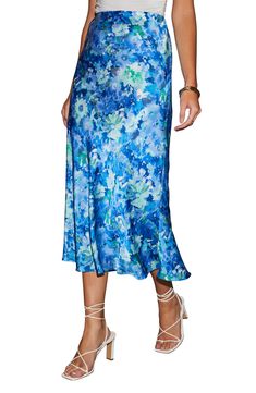 A vintage-look floral print brightens a supple satin midi skirt that's perfect for a garden party. Hidden side-zip closure 100% polyester Hand wash, dry flat Imported Blue Summer Skirt For Garden Party, Blue Skirt For Summer Garden Party, Silk Midi Skirt For Spring, Satin Flared Skirt For Spring, Spring Silk Midi Skirt, Flowy Satin Skirt For Spring, Blue Skirt For Spring Garden Party, Spring Casual Silk Skirt, Casual Silk Skirt For Spring