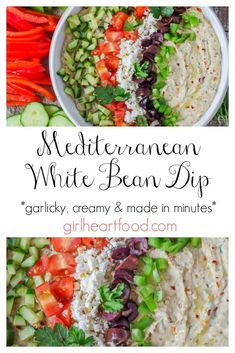 a bowl filled with white bean dip surrounded by vegetables