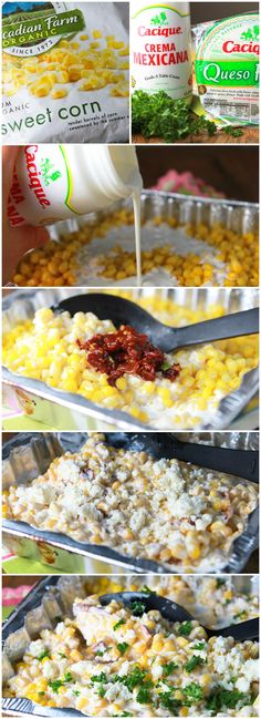 corn casserole is being made in the oven and ready to be eaten with milk