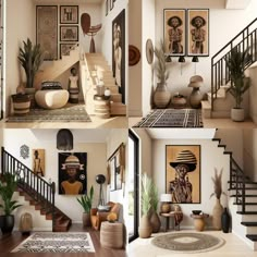 three pictures of the inside of a house with stairs and paintings on the walls, potted plants in vases