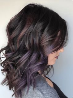 Mushroom Brown Hair Color With Purple, Purple And Brunette Hair, Plum Highlights In Brown Hair, Dark Hair With Peekaboo Color, Hair Color Spring 2024, Brown And Purple Hair Balayage, Brown To Purple Balayage, Purple Brunette Hair, Purple Balayage Brunette