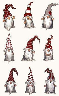 a group of gnomes with hats and scarves on their heads, all in different poses