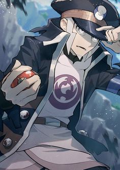 an anime character holding a cell phone in his right hand and pointing to the side