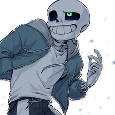 a drawing of a skeleton wearing a blue jacket and white t - shirt with yellow eyes