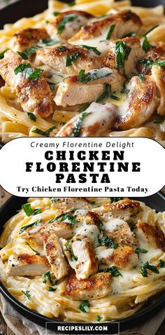 chicken florentie pasta with parmesan cheese and spinach on top