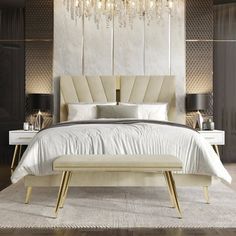 Elevate your bedroom with our luxurious 4-piece set, featuring a bed, two nightstands, and a matching bench. With a modern gold acrylic strip on the headboard and sturdy metal gold legs, it exudes elegance and stability. Upholstered in 100% polyester velvet fabric, it offers a sumptuous feel. Crafted from solid rubberwood, MDF, and LVL, this set ensures durability. Two modern 1-drawer white nightstands provide convenient bedside storage. Assembly is easy with clear instructions included. Enhance White Gold And Grey Bedroom, White Nightstands, Upholstered Bed With Storage, Twin Bedroom Sets, Wood Bedroom Sets, Bedroom Colour Palette, Velvet Upholstered Bed, Bedroom Interiors, King Upholstered Bed