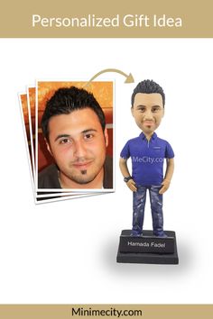 a personalized bobble head with an image of a man in a blue shirt