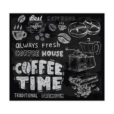 coffee time chalkboard sign with different types of coffee items and lettering on blackboard