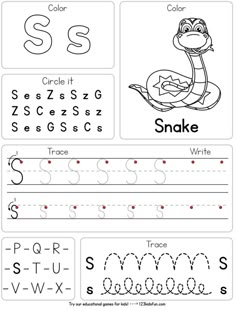 the letter s worksheet for children to learn how to write and draw letters