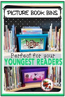 there is a book shelf with books on it and the words, picture book bins perfect for your youngest readers