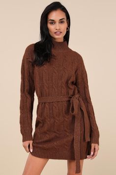 Bundling up for the season has never looked so fabulous thanks to the Lulus Warmed Up To You Brown Cable Knit Mock Neck Sweater Dress! Thick, cozy wool-blend cable knit (with a subtle marled effect throughout) shapes a mock neckline, long sleeves, and a relaxed bodice. The shift silhouette falls to a cute mini hem and features a tying belt that allows you to cinch the waist. Contrasting ribbed knit accents the neckline, cuffs, and hem. Fit: This garment fits true to size. Length: Mid-thigh. Size Gizele Oliveira, Cable Knit Dress, Mock Neck Sweater Dress, The Shift, Comfortable Room, Mock Neckline, Mock Neck Sweater, Cable Knit, Neck Sweater