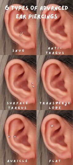 four different types of ear piercings with the words, 5 types of advanced ear piercings