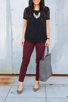 black lace top, maroon pants, leopard print flats, grey tote, statement necklace close up pants Burgundy Pants Outfit, Slacks Outfit, Workwear Wardrobe, Business Casual Outfits For Work, Summer Work Outfits, Stylish Work Outfits, Looks Black