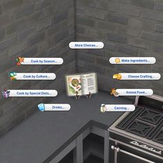 an animated view of a kitchen with food items on the counter and menus above it