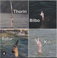 four different pictures with people in the water holding their hands up and pointing at them