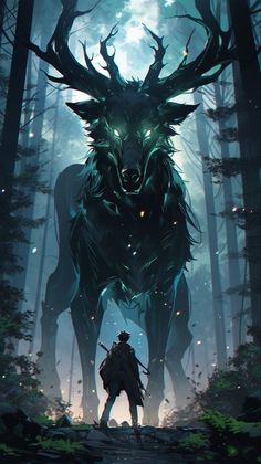 a man standing in the middle of a forest next to a giant animal with glowing eyes