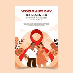 world aids day poster with an image of a man and woman holding a red ribbon