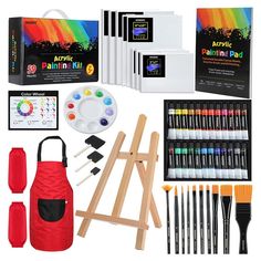 an assortment of art supplies including paint, brushes and easel on a white background