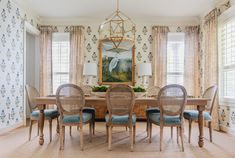 a dining room table with chairs and a painting on the wall in the back ground