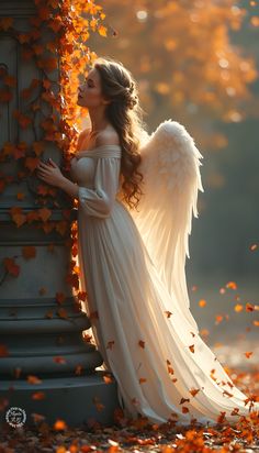 an angel standing next to a pillar with leaves all around her and looking up at the sky