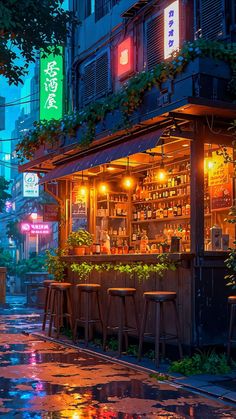 an image of a rainy street scene with people sitting at the bar in the rain