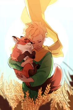 a person hugging a fox in the middle of a field