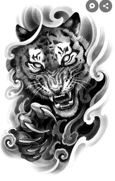 an ink drawing of a tiger's face with clouds and swirls around it