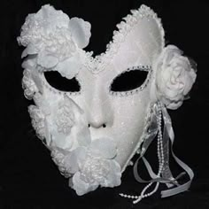 Venetian Masquerade Full Face White Lace Women Flower Mask Costume Mardi Gras Masquerade Masks With Handle, Masquerade Ball Masks White, Roman Masquerade Masks, Venetian Half Face Mask, Spring Masks Masquerade Ball, Luxury Fantasy Masks And Prosthetics For Carnival, Full Face Party Mask, Venitian Mask Carnival, White Mask Ball