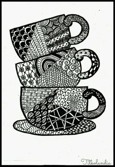 a black and white drawing of a coffee cup filled with lots of different things in it