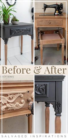 the before and afters of an antique sewing table