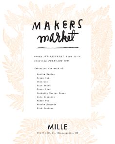 a menu for makers market with pine branches and leaves in the center, on a white background