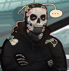 a person with a skull on their face sitting in front of a car wearing a hoodie