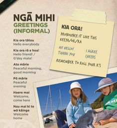 two children sitting next to each other with post it notes in front of them and the words nga mihi greetings informal